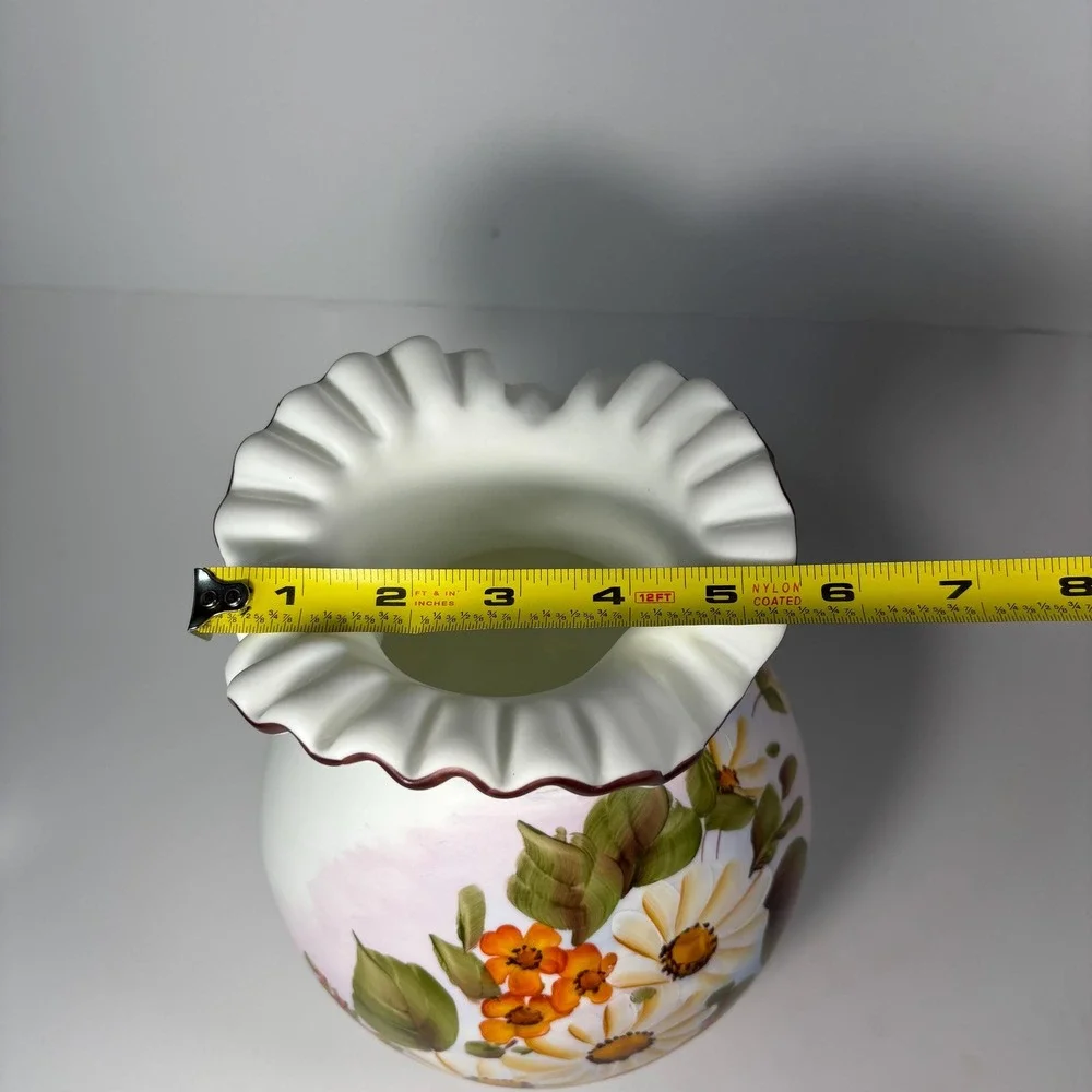 Vtgmosser White Hand Painted Floral Vase Signed Ruffled Edge